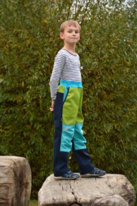 Softshellové kalhoty dětské tmavě modré se zelenou a tyrkysem