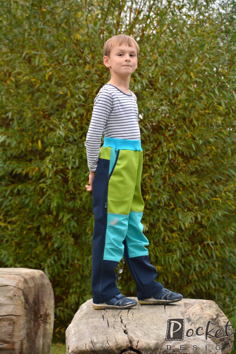 Softshellové kalhoty dětské modré se zelenou a tyrkysem