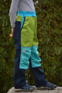 Softshellové kalhoty dětské tmavě modré se zelenou a tyrkysem