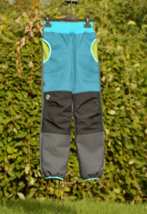 Softshellové kalhoty dětské žíhaný tyrkys s šedou a černou