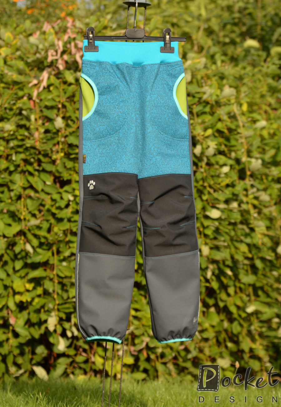 Softshellové kalhoty dětské žíhaný tyrkys s šedou a černou