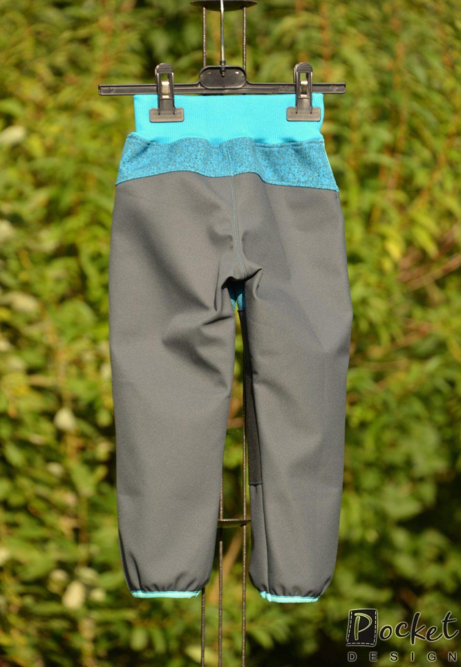 Softshellové kalhoty dětské s dvojitými koleny žíhaný tyrkys s šedočernou